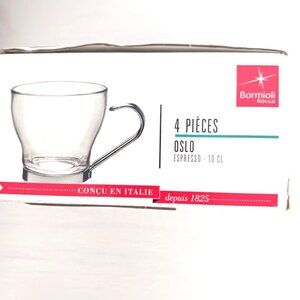 Bormioli Rocco Glass +Stainless Espresso Mugs-Cups Made in Italy -4 Pak New